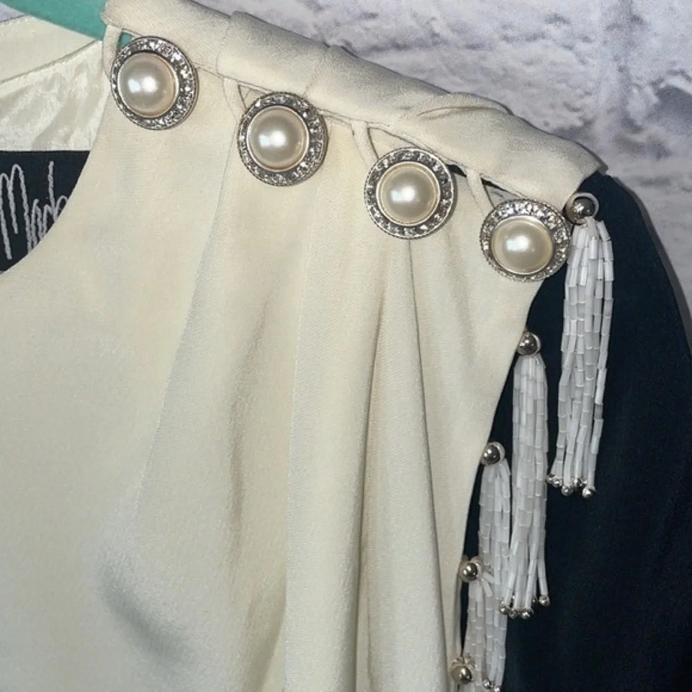 Bob Mackie Color Block Beaded Fringe Long Sleeve Shift Dress